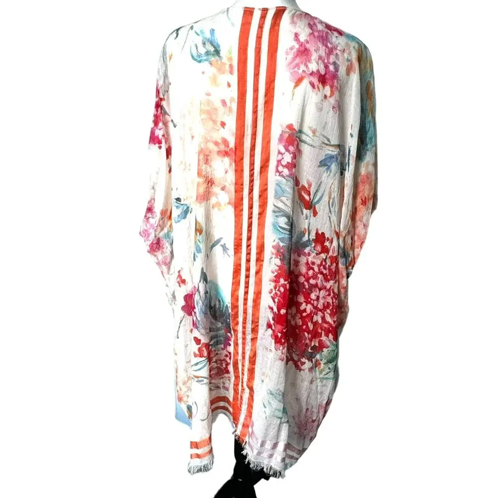 LAGUNA Watercolor Floral Silk Cotton Long Open Swim Cover Up Kaftan Kimono Boho‎
